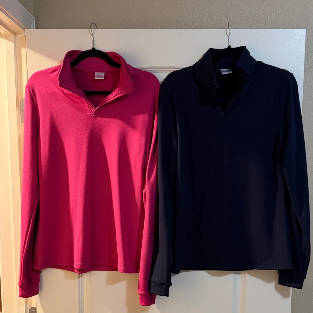Ranch Dress’n Pink and Navy Quarter-Zip Polar Fleece Sweaters, size L
